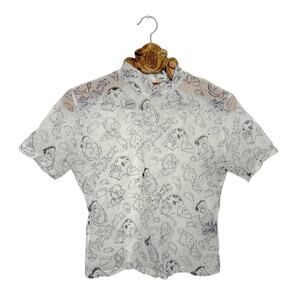 Lazy Oaf Top Mesh Sheer Flintstones Cartoon Mock Neck Tee Black White